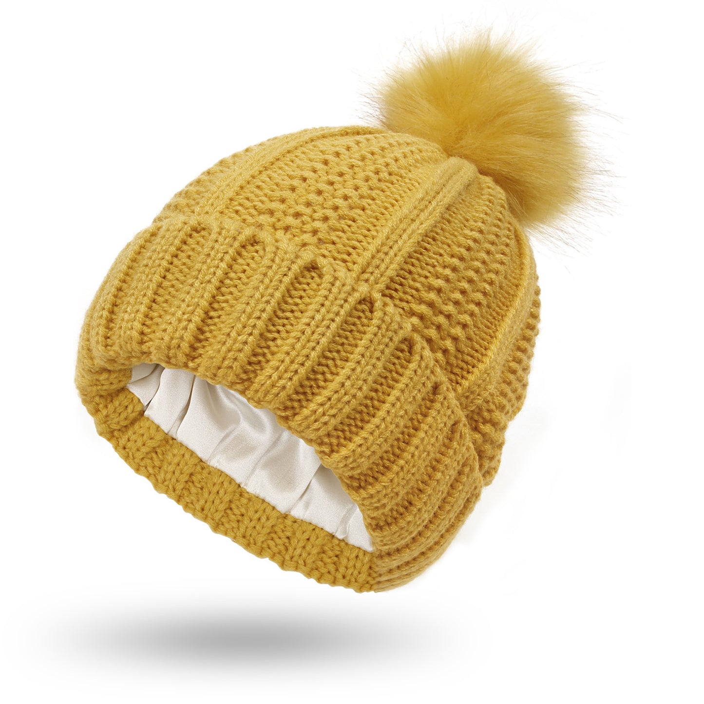 Satin-Lined Stylish Beanie with Faux Fur Pom