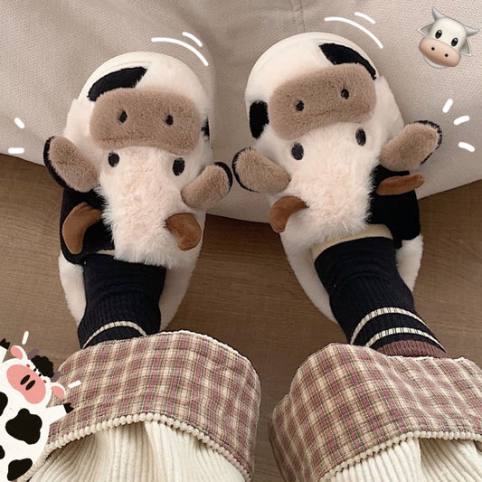 Kawaii Cow Slippers - Soft, Fluffy & Warm